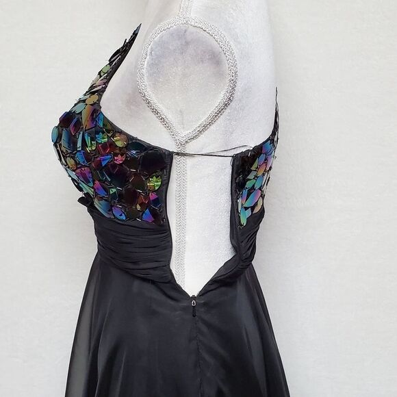 PARTYTIME Black Chiffon Multi-color Mosaic Jewel One-Shoulder Ruched Maxi Dress - Picture 10 of 13